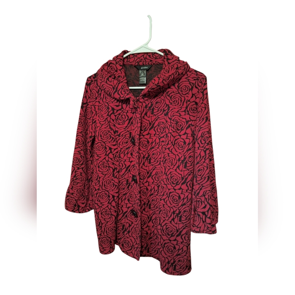 Ali Miles Swing Knit Jacket Sweater Red Black Floral Romantic Victorian Small